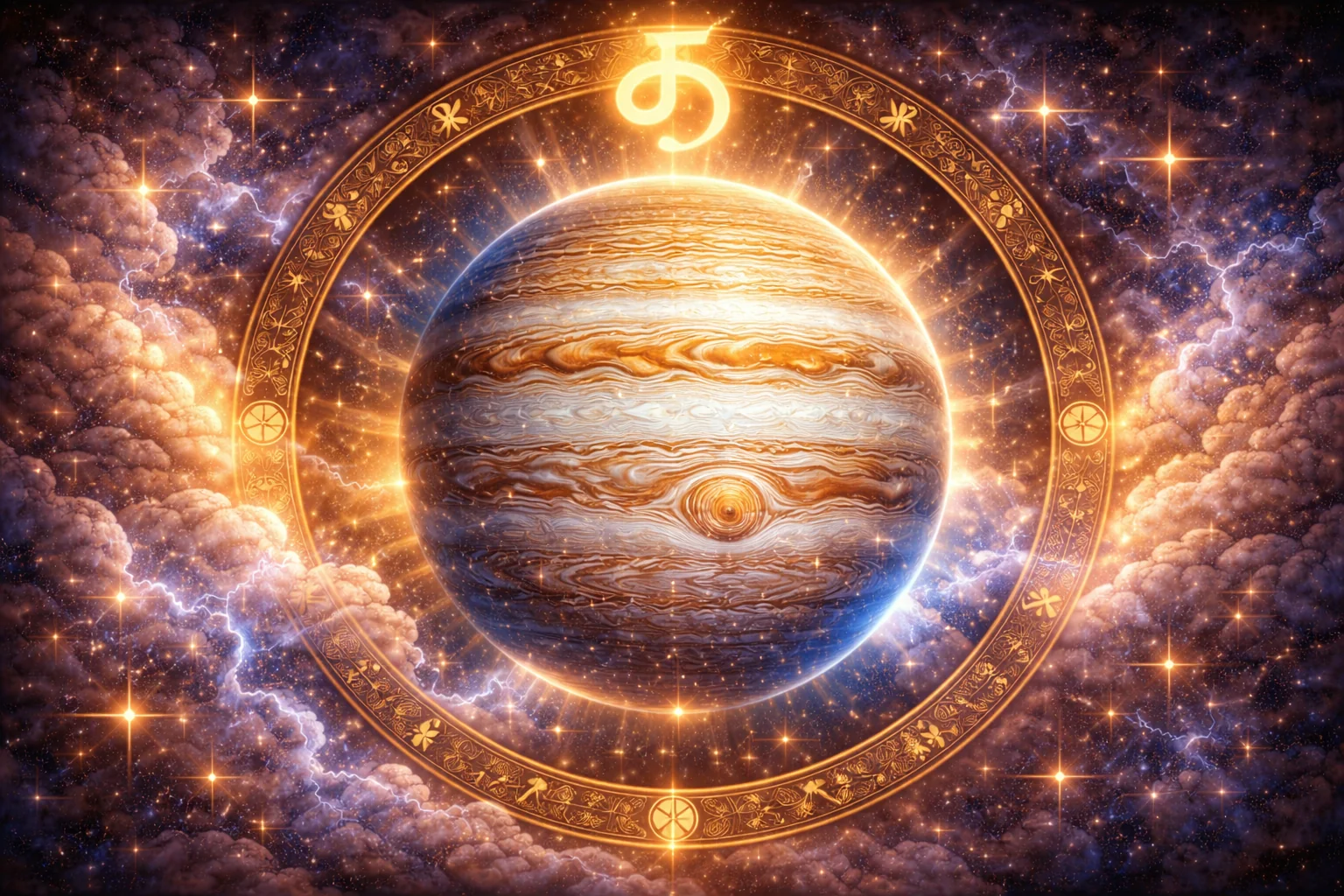 Symbole astrologique de Jupiter avec des rayons lumineux