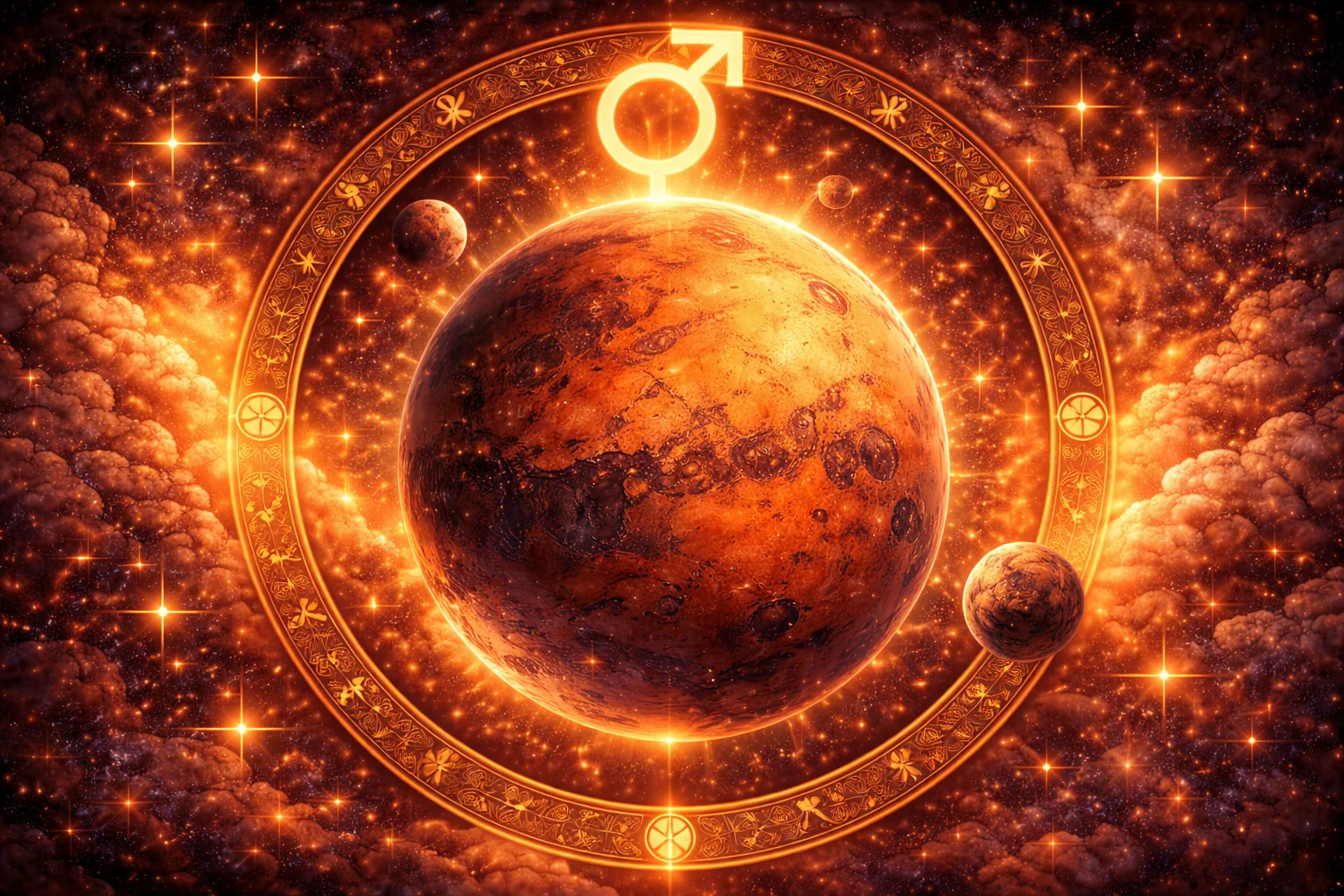 Symbole astrologique de Mars avec des éclairs d'énergie