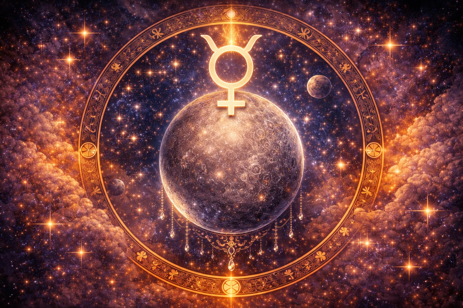 Symbole astrologique de Mercure entouré de symboles de communication