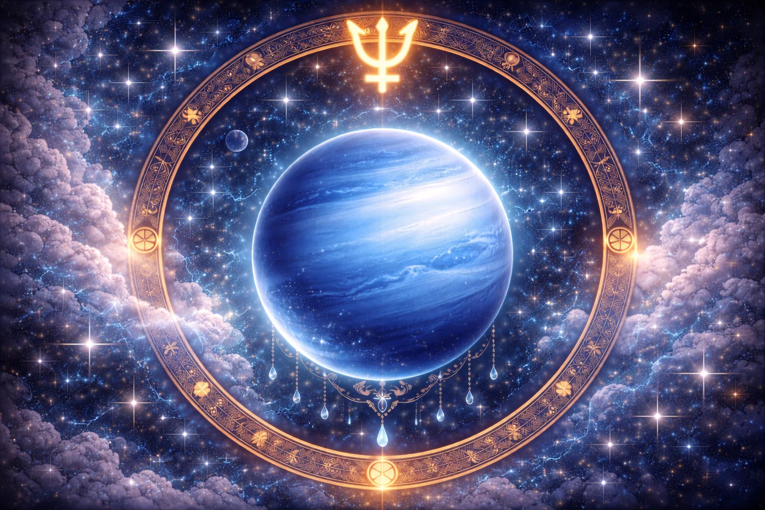 Symbole astrologique de Neptune avec des vagues éthérées